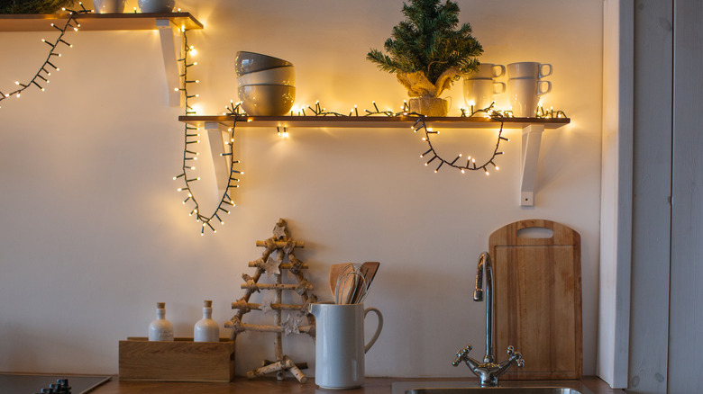 string light along open shelving