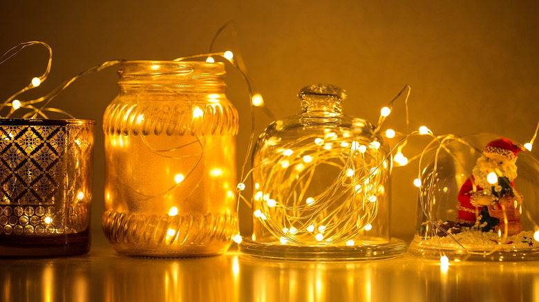string lights in mismatched jars