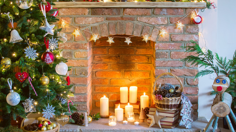 star garland on fireplace