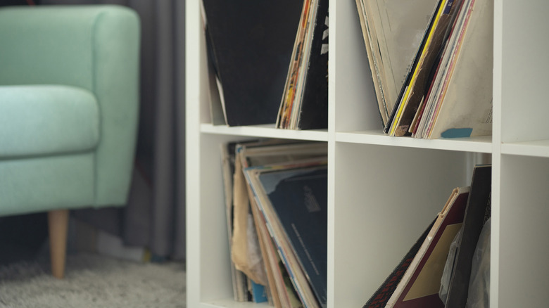 records in a cube shelf