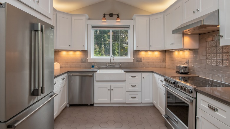 White and gray galley kitchen 