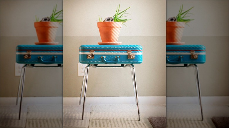 blue upcycled suitcase side table