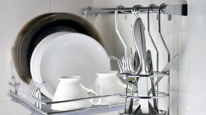 clean dishware in rack