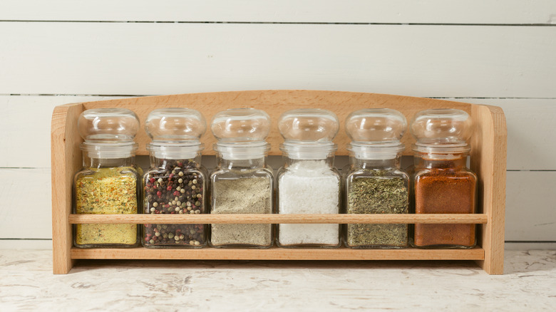 spices on wooden shelve