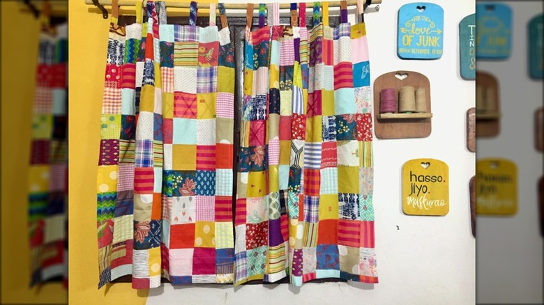 patchwork curtain covering window