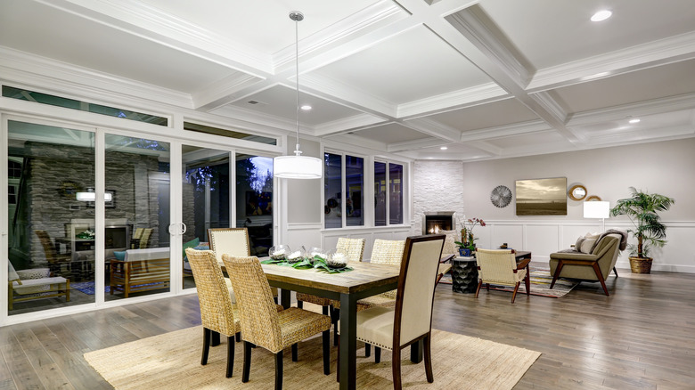 white coffered ceiling above table