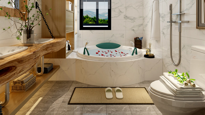 bathtub with a curved surround