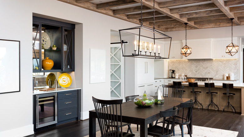 wooden beams on white ceiling