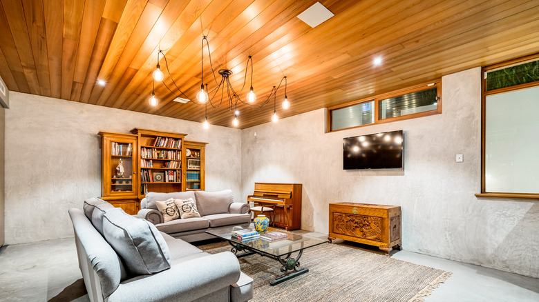 basement with wooden ceiling