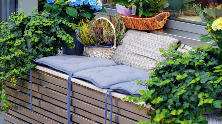 outdoor bench with plants