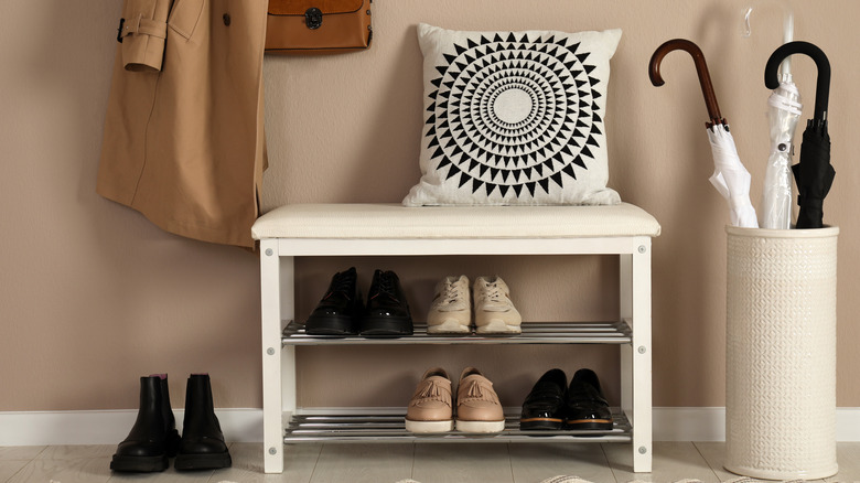 white shoe storage bench