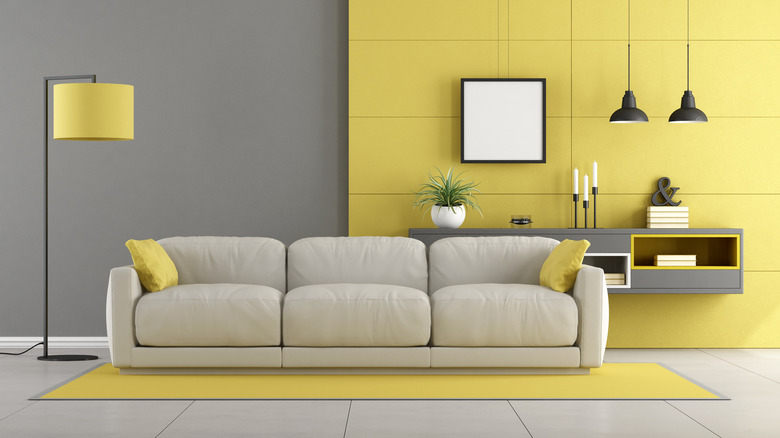 grey and yellow living room