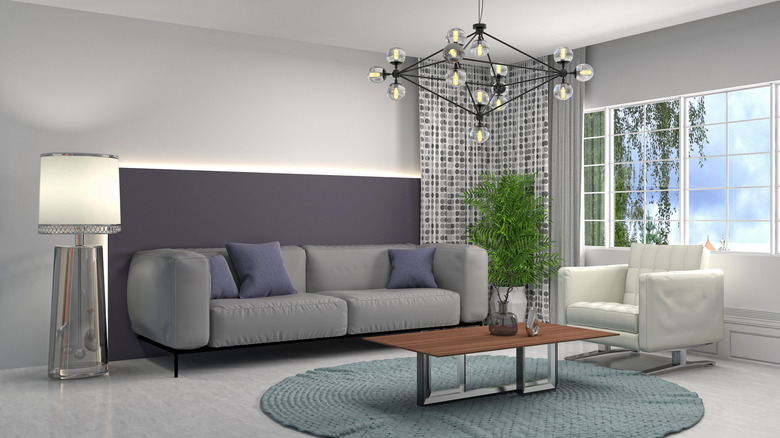 grey living room with lights