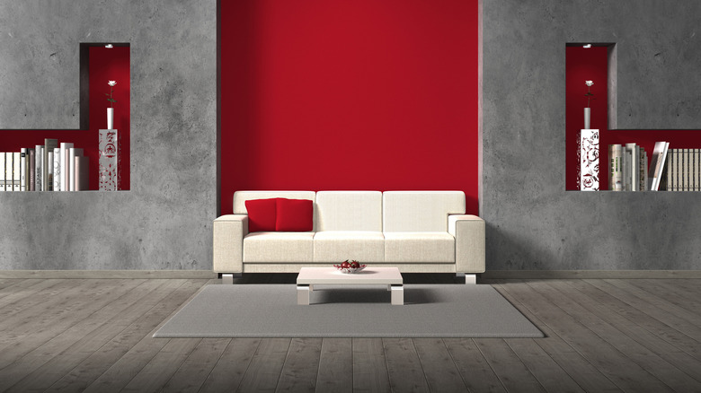 grey and red living room