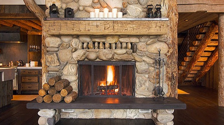 Large stone fireplace