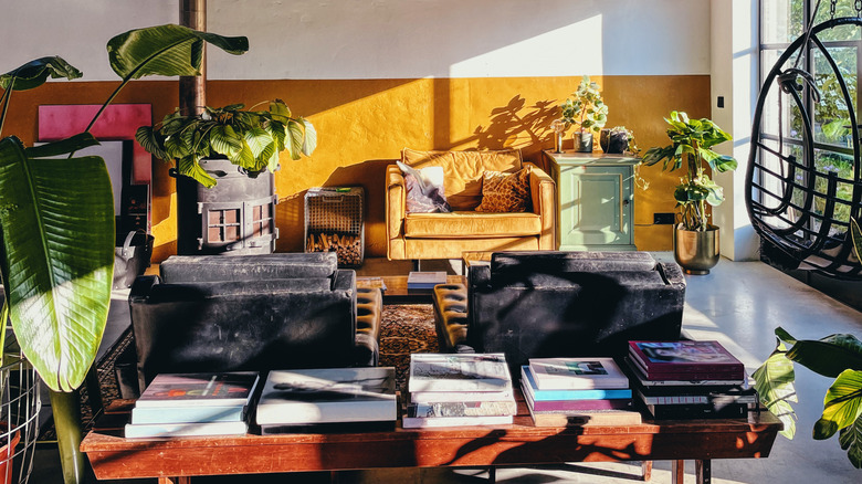 living room with many books