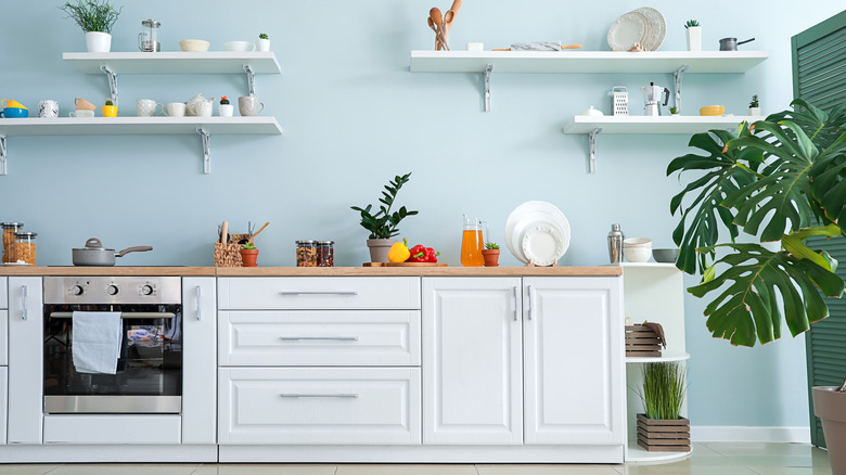 Light blue walls in kitchen