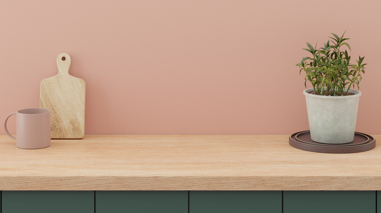 Soft pink wall with oak countertop