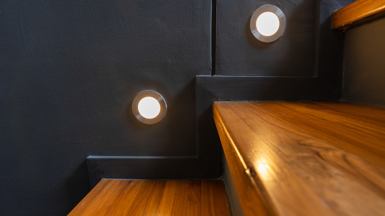 Oak steps with blue-gray wall 