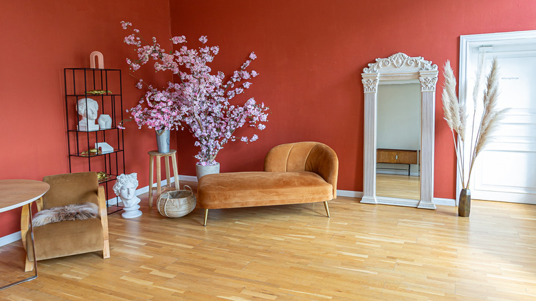 red room with furniture