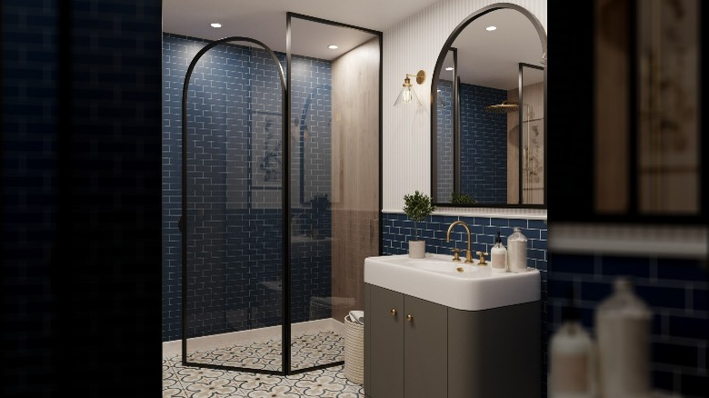 Walk-in shower navy blue