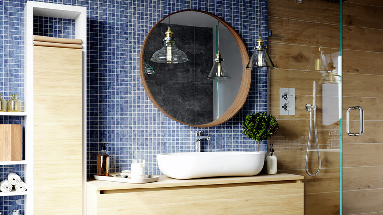 Navy blue tile wall bathroom