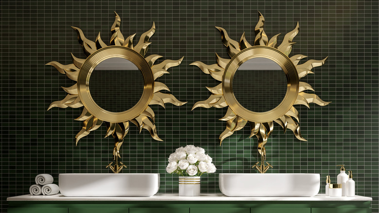 bathroom with artistic mirrors