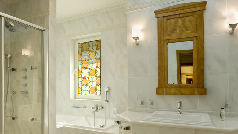 bathroom with stained glass