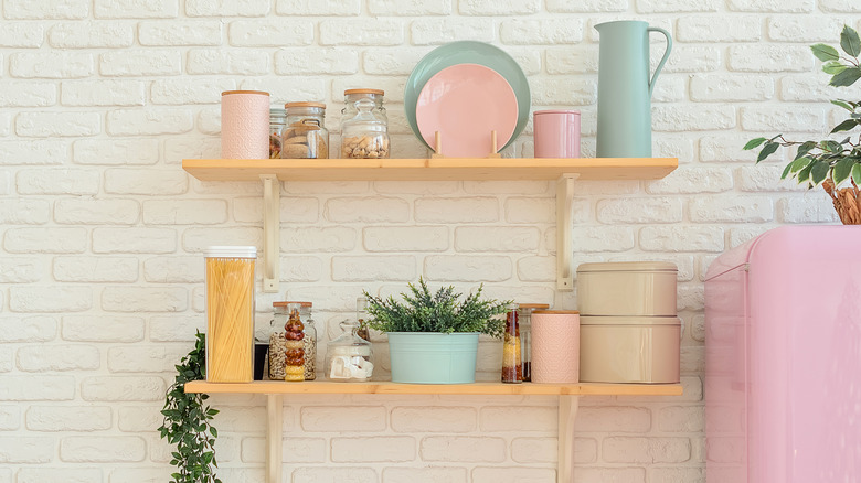 shelves with colorful decorations