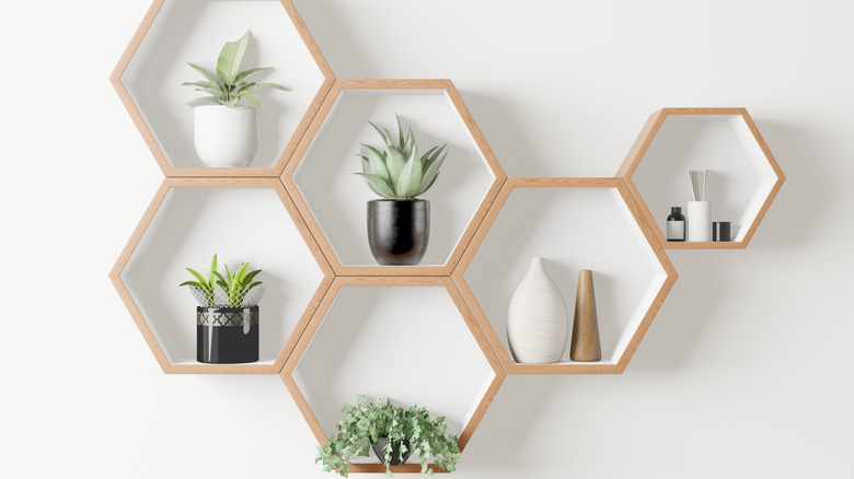 hexagonal wooden floating shelves