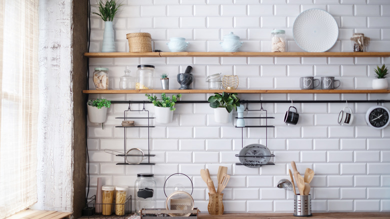 wooden shelves with hooks