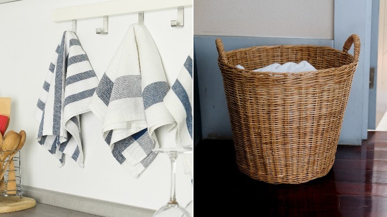 Kitchen towels and woven basket