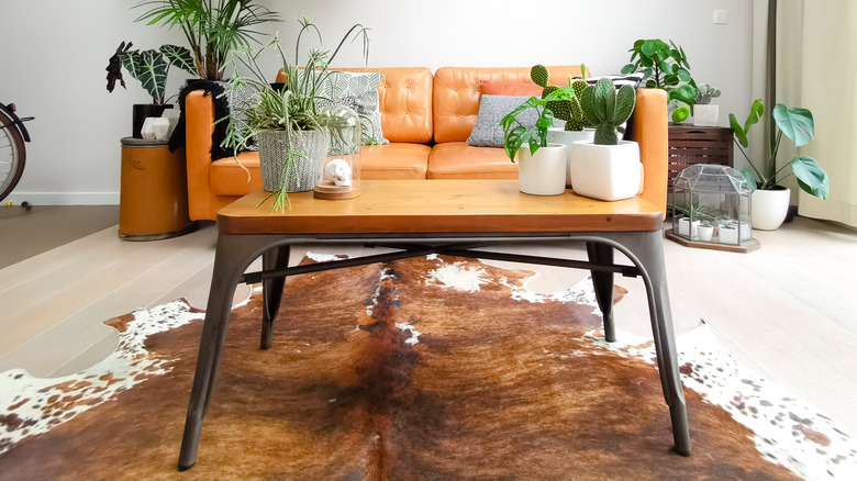 Living room with cowhide rug