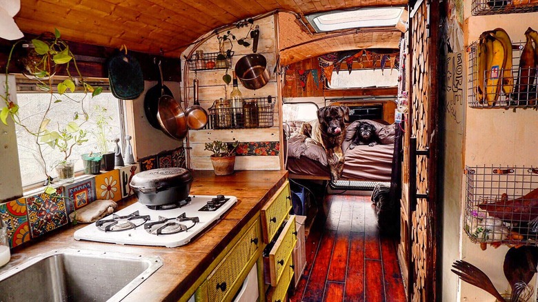 wooden kitchen in skoolie