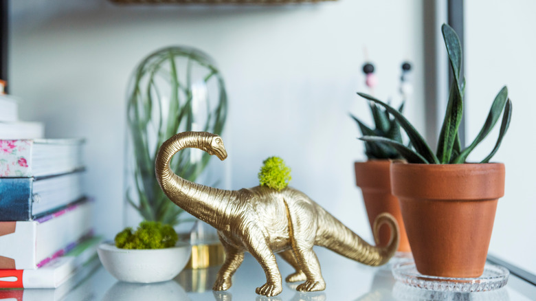 dinosaur on shelf with plants 