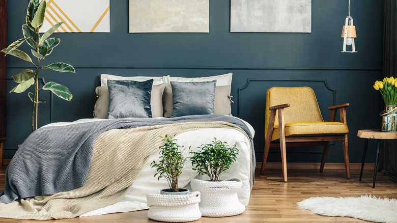 Trendy blue and white bedroom