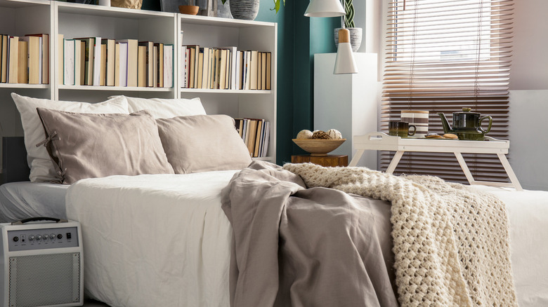 Bookcase behind double bed