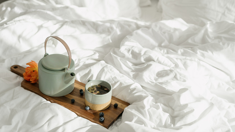Tea kettle on bed tray