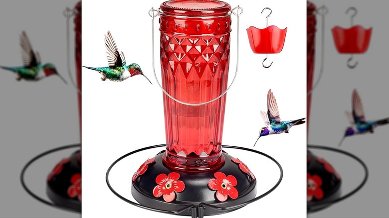 Red and black hummingbird feeder