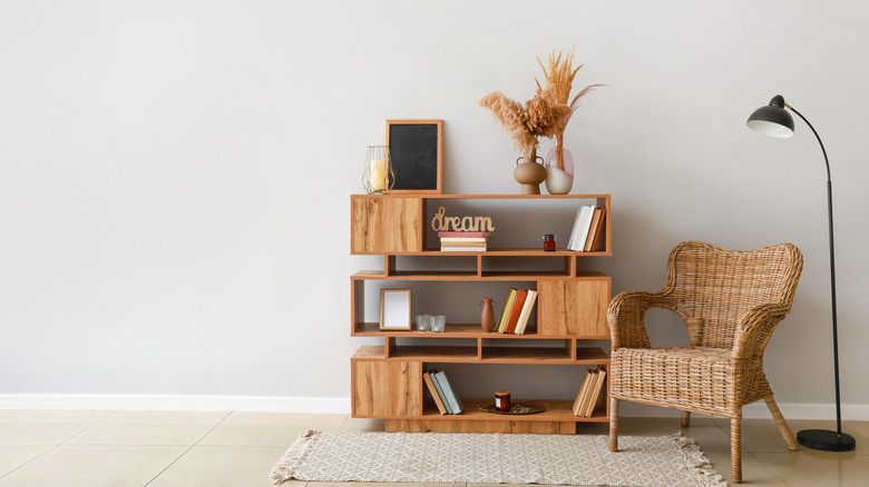 natural colored bookshelf with chalkboard