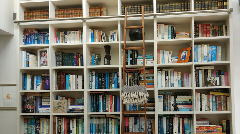 Wooden ladder in front of a bookshelf