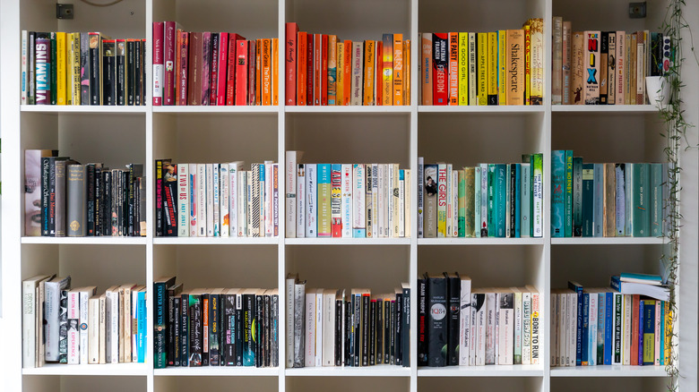Books grouped by color on shelf