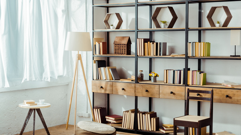 wooden bookshelf with framed plants