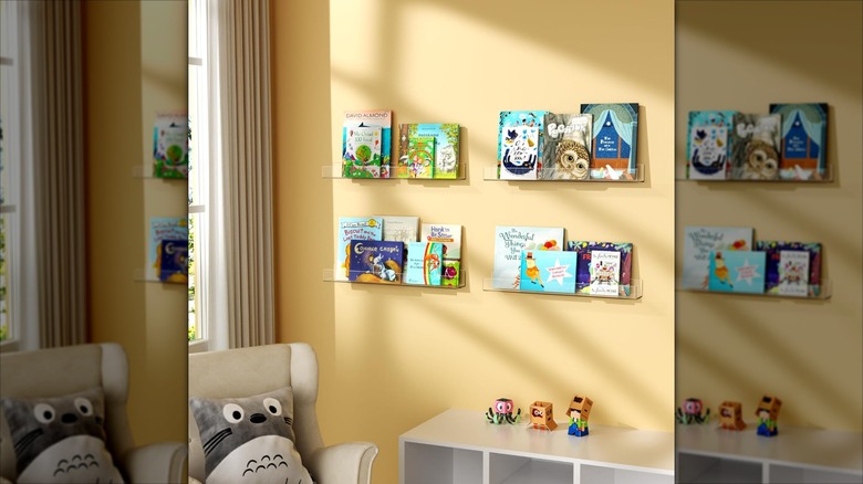 Four book ledges are in a playroom