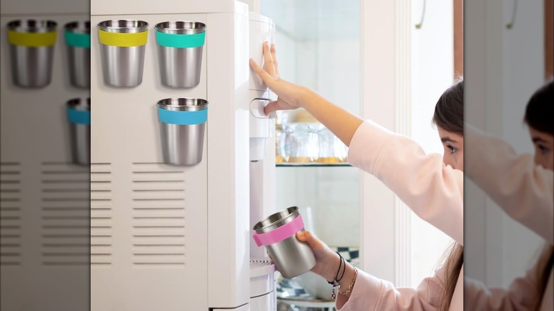 Three magnetic cups are on the side of a water bubbler