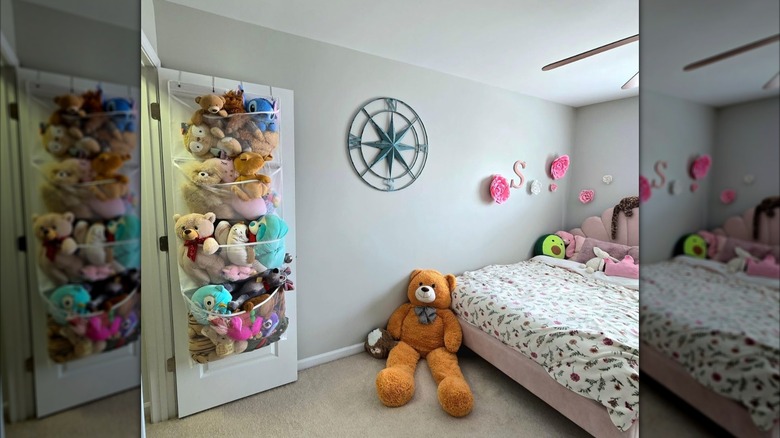 An over-the-door organizer in a child's room is full of toys