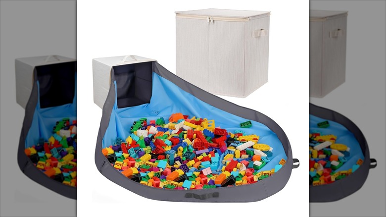 Legos are stored in a clever storage box