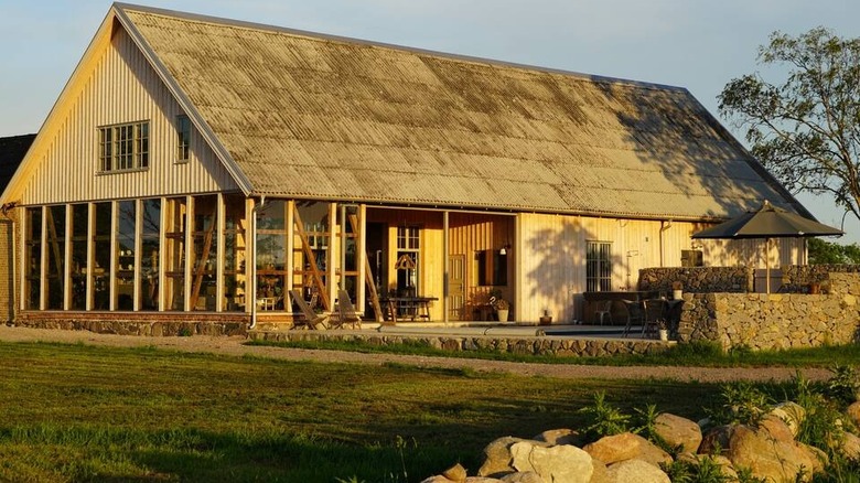 updated barn with stone wall