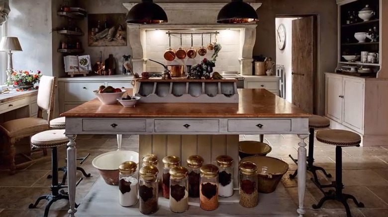 vintage stools around island