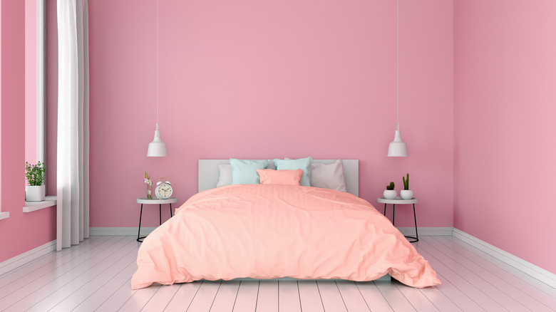 millennial pink walls in bedroom